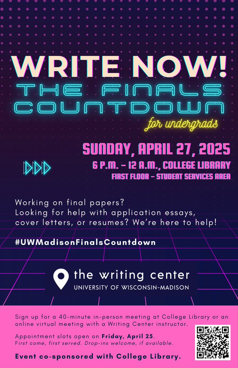UW-Madison Biology Major (@uwbiomajor) on Twitter photo ATTN #BioBadgers! <a href="/uwwritingcenter/">UW Writing Center</a> is hosting a late-night tutoring event at College Library on Sunday, April 27 from 6PM to 12AM. Appointments open in their online schedule beginning Friday, April 25. Drop-ins are welcome if space is available!
#UWMadisonFinalsCountdown ATTN #BioBadgers! <a href="/uwwritingcenter/">UW Writing Center</a> is hosting a late-night tutoring event at College Library on Sunday, April 27 from 6PM to 12AM. Appointments open in their online schedule beginning Friday, April 25. Drop-ins are welcome if space is available!
#UWMadisonFinalsCountdown