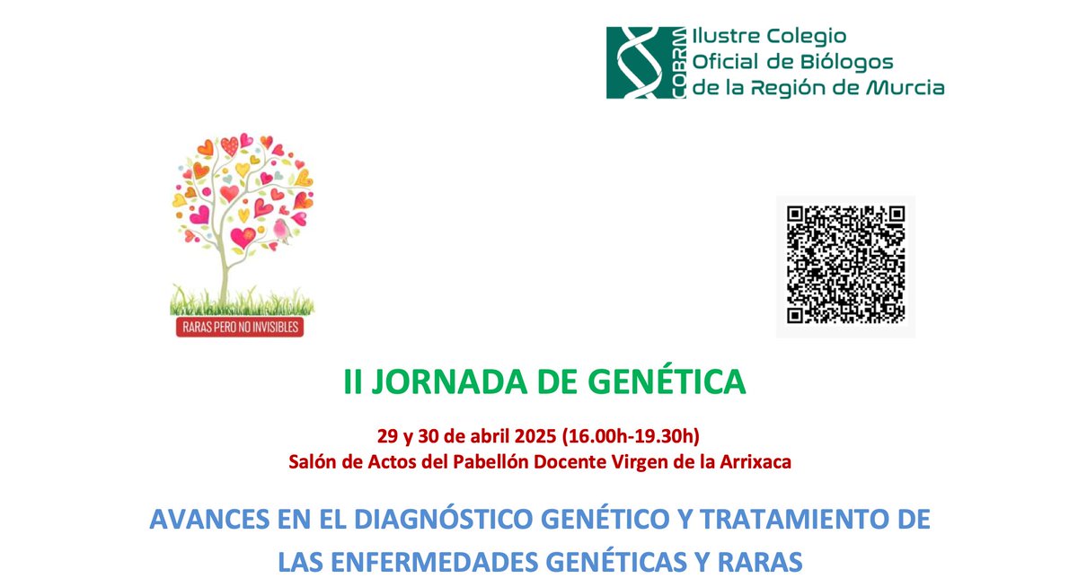 Asociación Española de Genética Humana (AEGH) (@aeghgenetica) on Twitter photo DÍA DEL ADN | II Jornada de Genética de <a href="/BioRegMur/">Colegio Oficial de Biólogos de la Región de Murcia</a>
Conoce los últimos avances en técnicas de diagnóstico genético y genómico de enfermedades raras
📅29 y 30 de abril
📍Pabellón docente Virgen de la Arrixaca
💻Seguimiento online
¡Inscríbete!
cobrm.org/ii-jornada-de-… DÍA DEL ADN | II Jornada de Genética de <a href="/BioRegMur/">Colegio Oficial de Biólogos de la Región de Murcia</a>
Conoce los últimos avances en técnicas de diagnóstico genético y genómico de enfermedades raras
📅29 y 30 de abril
📍Pabellón docente Virgen de la Arrixaca
💻Seguimiento online
¡Inscríbete!
cobrm.org/ii-jornada-de-…