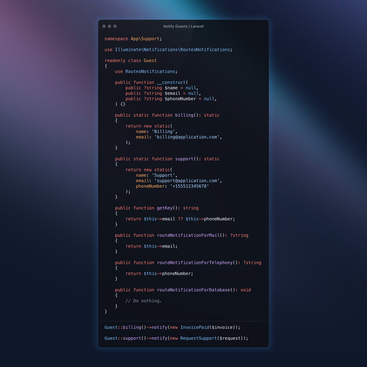 Sometimes you may need to send notifiables to people who are not actually users in the application

To help with this, consider adding a Guest class that uses RoutesNotifications which unifies the "guest" user information that your application needs to notify