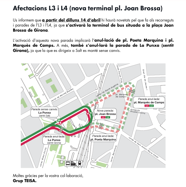 AutobusesBCN's tweet photo. El 14 de abril de 2025 se activó la terminal de bus de las líneas L3 y L4 en la Pl. Joan Brossa. Esta activación implicó la anulación de los tradicionales y veteranos terminales de Pl. Poeta Marquina y Pl. Marquès de Camps. #teisa #girona @Girona_Cat @ViladeSalt https://t.co/lm5MYJnn57