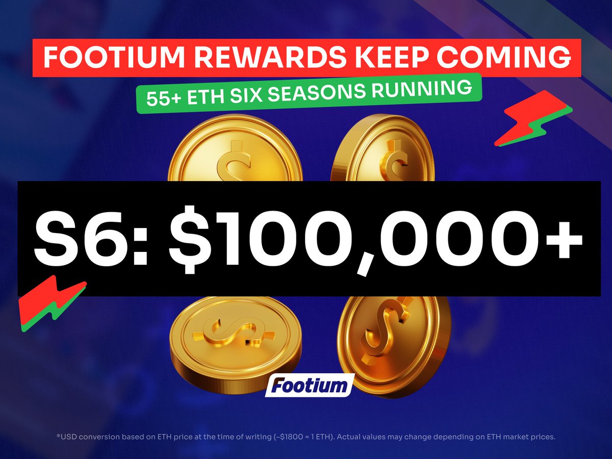 Footium's tweet photo. 💸 $100,000+ in S6 rewards.

6 straight seasons. 55+ ETH every time.

Season 7 kicks off next week - what are you waiting for? 🚀 https://t.co/GYuPRux3hO