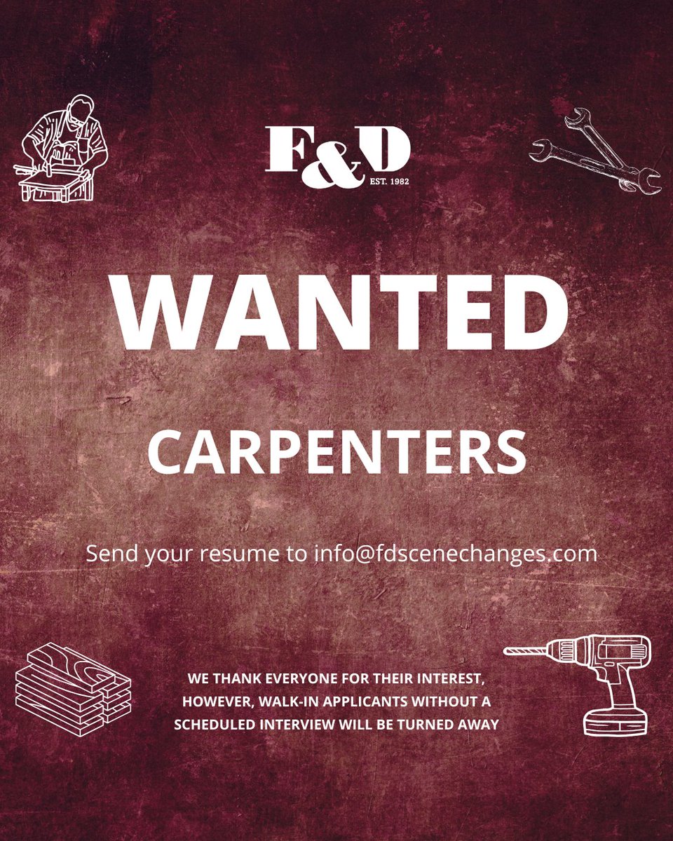 F&D Scene Changes (@fdscenechanges) on Twitter photo Think you're a good fit? We'd love to chat! Please send your resume to info@fdscenechanges.com
Preference will be given to IATSE 212 members. Think you're a good fit? We'd love to chat! Please send your resume to info@fdscenechanges.com
Preference will be given to IATSE 212 members.