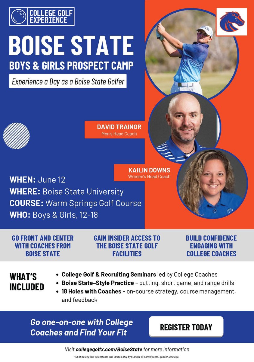 🗣️Calling all golfers! Who wants to be a Bronco for a day?

Join us on June 12 for our Boys &amp; Girls Prospect Camp, led by Coach Trainor and Coach Downs! To register, please click the below link. 

🔗: boi.st/4jOx6PO
