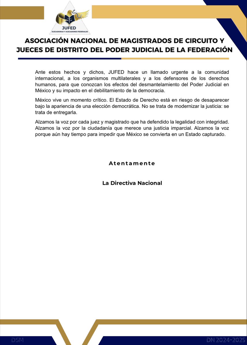 🟡#COMUNICADO Expresamos una firme condena y preocupación ante recientes
declaraciones, en las que se ha reconocido
que entre los candidatos propuestos para integrar el Poder Judicial por medio de elecciones, se encuentran personas vinculadas con el crimen organizado.
