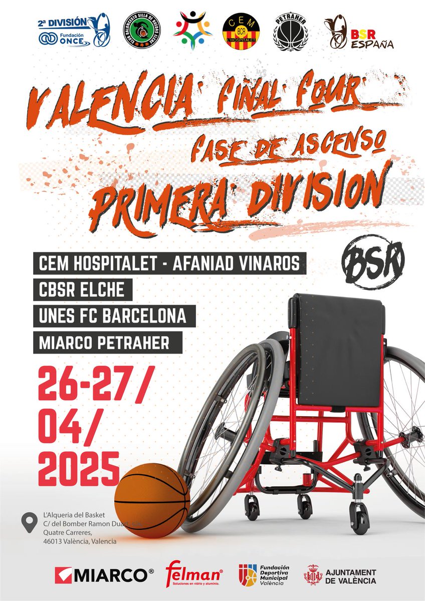 codifiva_org's tweet image. El baloncesto valenciano en silla de ruedas tiene la posibilidad de subir a primera división. Partidos de la final four de ascenso a primera división en Valencia @LAlqueriaVBC @BsrEspana. Apoyemos a Petraher!! 26 y 27 abril 2025. 💪💪👏👏👏