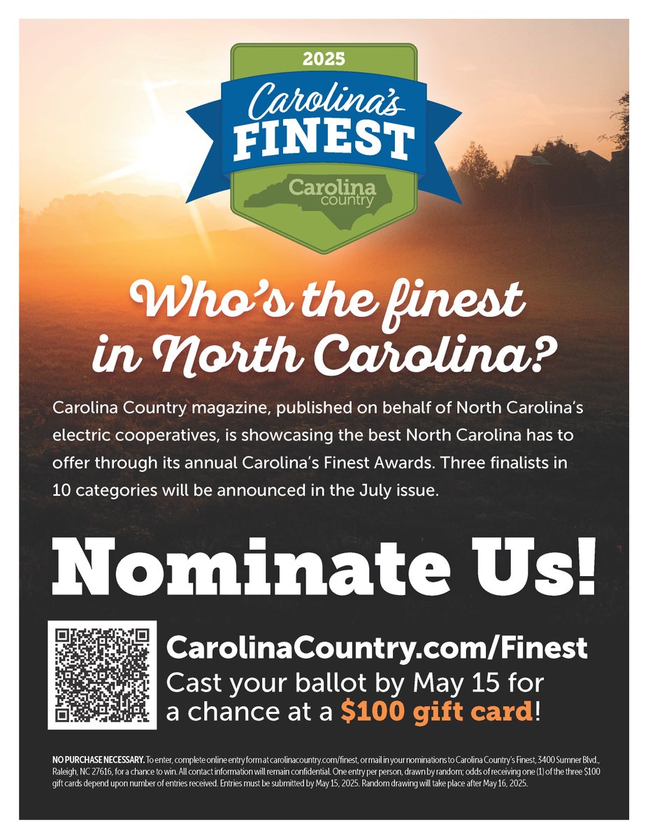 It’s back! 🏆 Carolina Country—the magazine our co-op members get monthly—is hosting its Carolina’s Finest Awards!

Nominate your NC faves by May 15 for a chance to win 1 of 3 $100 gift cards 💸

Top picks featured in July’s issue!
👉 carolinacountry.com/contact/597-ca…