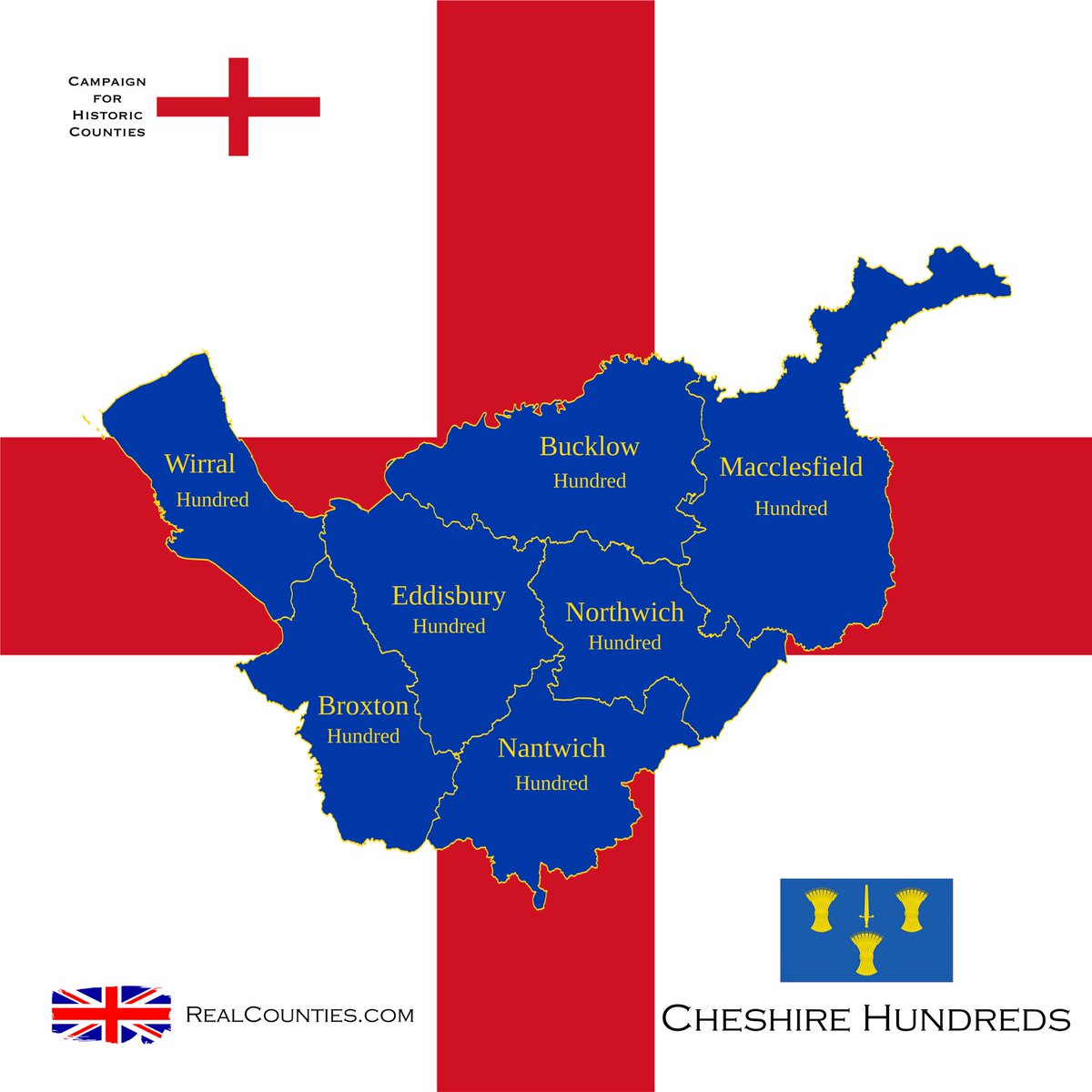 Cheshire is traditionally divided into seven hundreds:

🔹 Broxton
🔸 Bucklow
🔹 Eddisbury
🔸 Macclesfield
🔹 Nantwich
🔸 Northwich
🔹 Wirral

🇬🇧 #HistoricCounties | #RealCounties 🏴󠁧󠁢󠁥󠁮󠁧󠁿