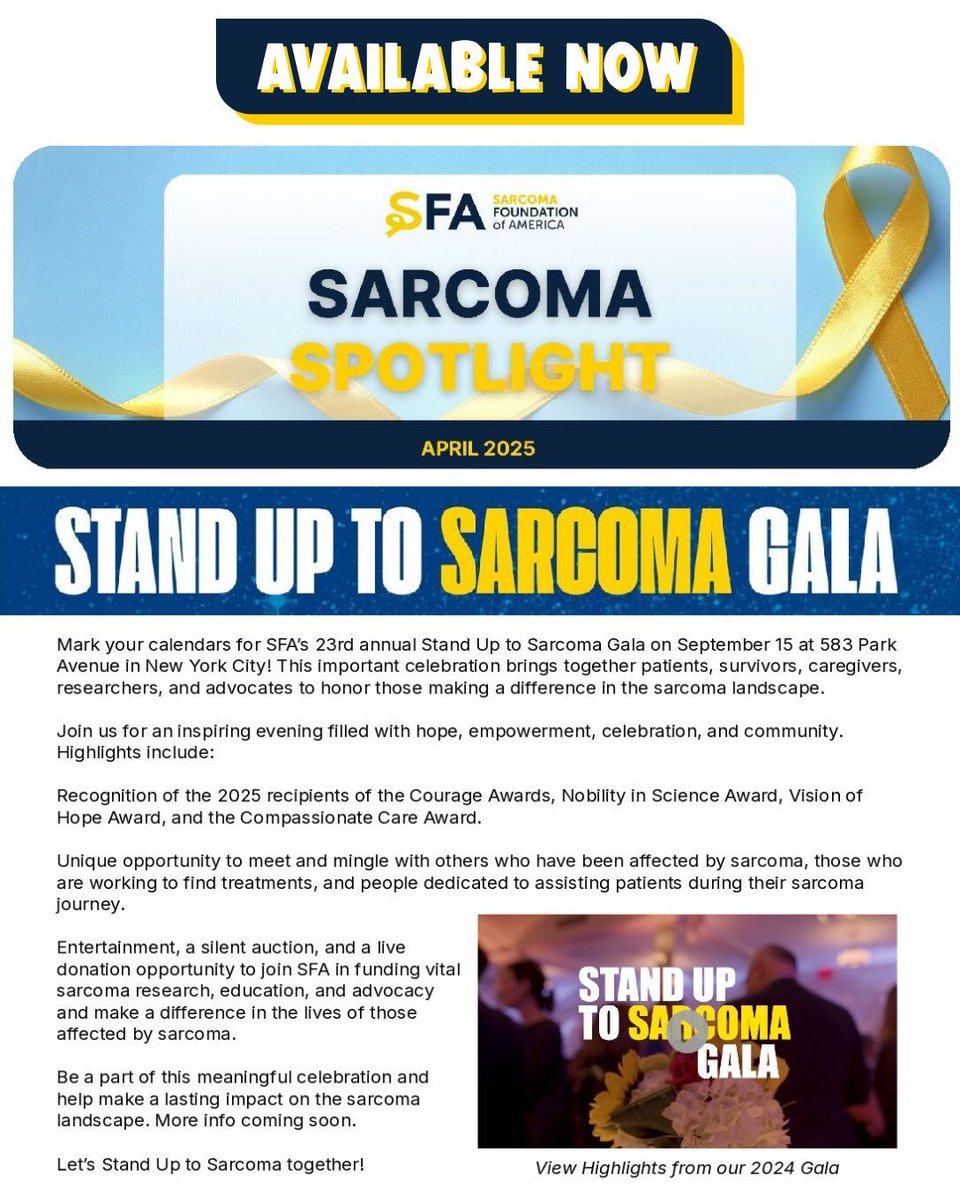 Our April Sarcoma Spotlight newsletter is now available! Read about the latest research updates, recent news in the sarcoma community, upcoming events like the Stand Up to Sarcoma Gala, and more. buff.ly/pUD5Sna #sarcoma #CureSarcoma #cancer