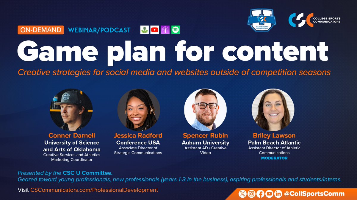 College Sports Communicators (@collsportscomm) on Twitter photo Game plan for content — yesterday's CSC U webinar is now available on-demand!
Panelists <a href="/GotDunks21/">Conner Darnell</a> (<a href="/DroverAthletics/">USAO Drover Athletics</a>), <a href="/Just___Jessica/">Jess 💓</a> (<a href="/ConferenceUSA/">Conference USA</a>), <a href="/SRubinSandwich/">Spencer Rubin</a> (<a href="/AuburnTigers/">Auburn Tigers</a>), and <a href="/BrileyLawson/">Briley Lawson</a> (<a href="/PBASailfish/">PBA Sailfish</a>) discussed strategies and examples of content you can create Game plan for content — yesterday's CSC U webinar is now available on-demand!
Panelists <a href="/GotDunks21/">Conner Darnell</a> (<a href="/DroverAthletics/">USAO Drover Athletics</a>), <a href="/Just___Jessica/">Jess 💓</a> (<a href="/ConferenceUSA/">Conference USA</a>), <a href="/SRubinSandwich/">Spencer Rubin</a> (<a href="/AuburnTigers/">Auburn Tigers</a>), and <a href="/BrileyLawson/">Briley Lawson</a> (<a href="/PBASailfish/">PBA Sailfish</a>) discussed strategies and examples of content you can create