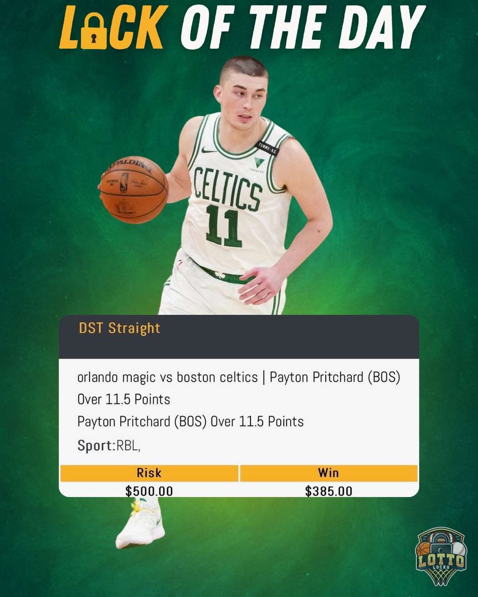 LOCK OF THE DAY 🔒

Payton Pritchard o11.5 pts 🍀 

Placed on <a href="/BetWolfBook/">Bet Wolf</a> 

#GamblingX