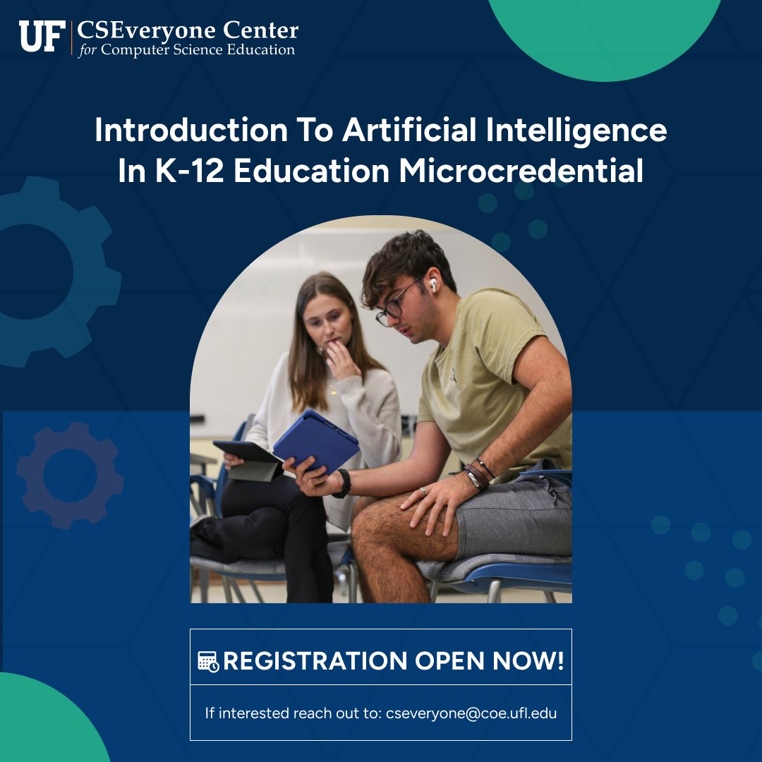 UF CS Everyone Center (@uf_cseveryone) on Twitter photo Ready to innovate your teaching? The CS Everyone team is excited to announce the launch of our Introduction to Artificial Intelligence in K-12 Education microcredential. Email cseveryone@coe.ufl.edu for details. #AI #AILiteracy #CSEducation #FutureLearning #Innovation #K12 Ready to innovate your teaching? The CS Everyone team is excited to announce the launch of our Introduction to Artificial Intelligence in K-12 Education microcredential. Email cseveryone@coe.ufl.edu for details. #AI #AILiteracy #CSEducation #FutureLearning #Innovation #K12