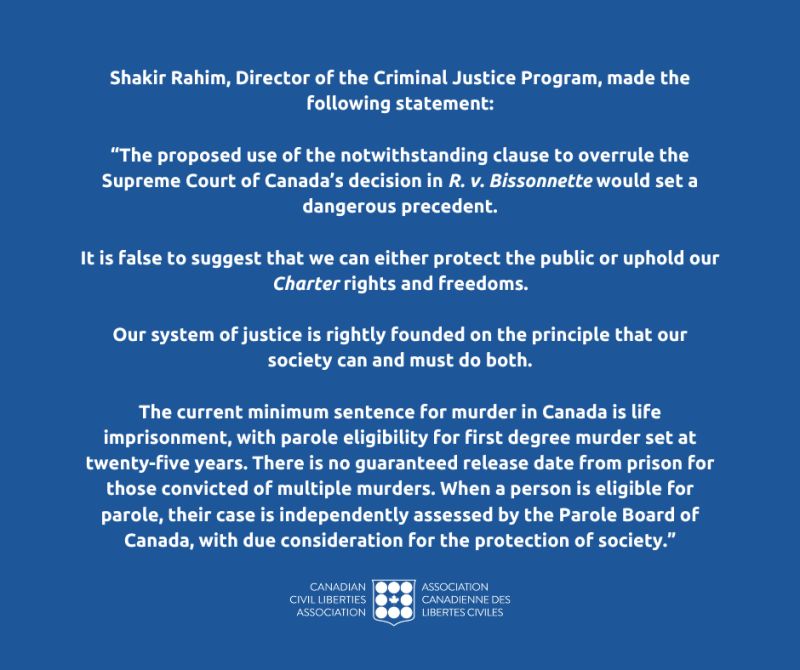 Canadian Civil Liberties Association has issued a statement calling Poilievre's proposed use of the notwithstanding clause "a dangerous precedent"
