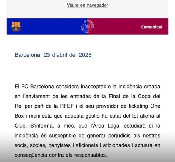 FRBarca_'s tweet image. 🚨Communiqué officiel du Barça :

 Le Barça considère que l'incident causé par l'envoi des billets de la finale de la Coupe du Roi par la RFEF et son fournisseur de billets, One Box, est inacceptable et déclare que cela a été géré en dehors du contrôle du Club.

Nous vous…