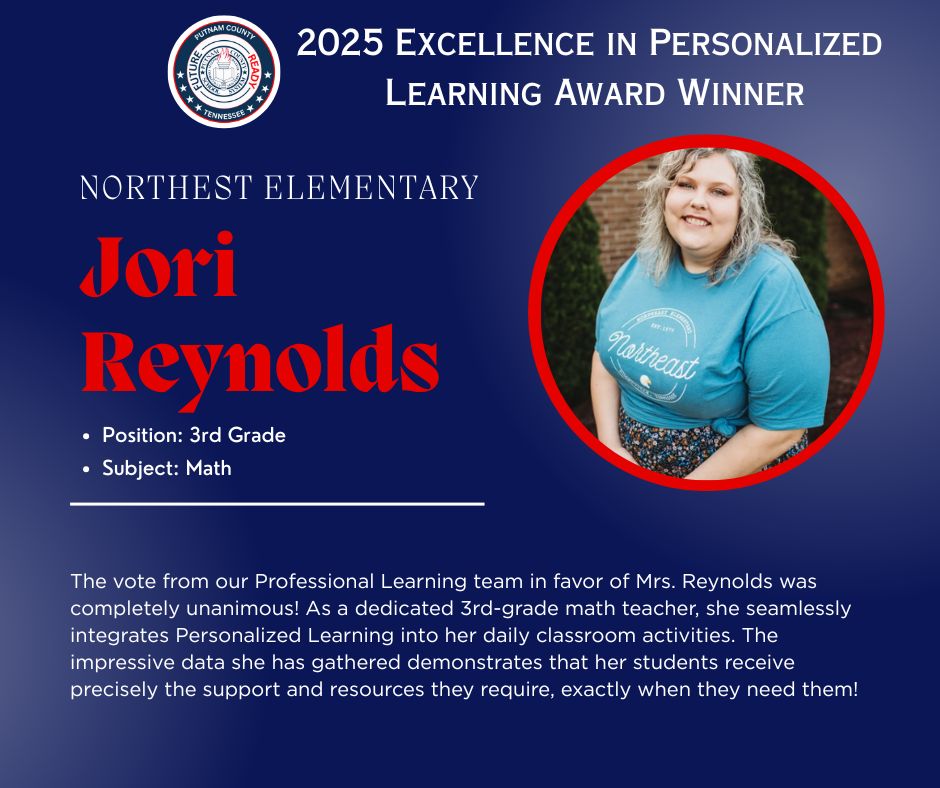 VS_UCDirector's tweet image. #PutnamProud
#FutureReadyPCSS

#PLExcellenceInTeaching
Congratulations to Jori Reynolds for being selected for the 2025 Personalized Learning Excellence in Teaching Award at Northeast Elementary School.