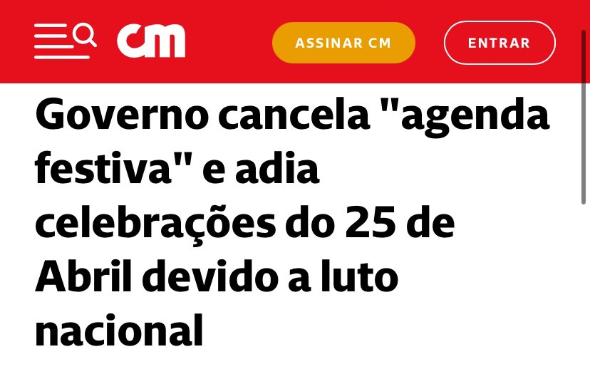 A direita finalmente arranjou uma desculpa para não celebrar o 25 de abril.

Escolheram o dia 25 de abril de propósito.
Em Espanha o luto nacional (também de 3 dias) termina amanhã dia 24.

Não estamos de luto, estamos em luta.