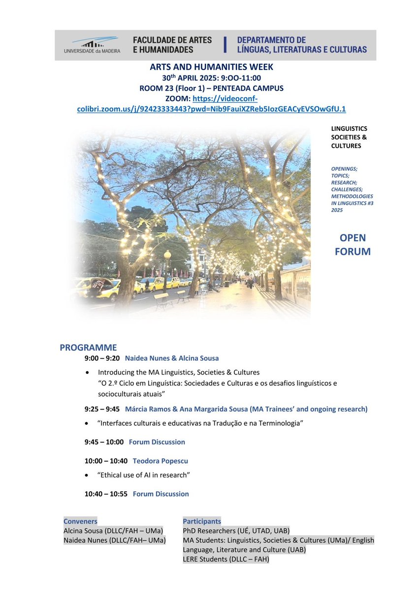 fah_UnivMad's tweet photo. Open Forum: Linguistics, Societies &amp; Cultures - 4th Arts and Humanities Week
30th April | 09:00 - 11:00
Universidade da Madeira (Penteada Campus, Room 23) / Online (via zoom)

#linguistics @U_Madeira @fah_UnivMad #DLLC https://t.co/htoVUWEZVv