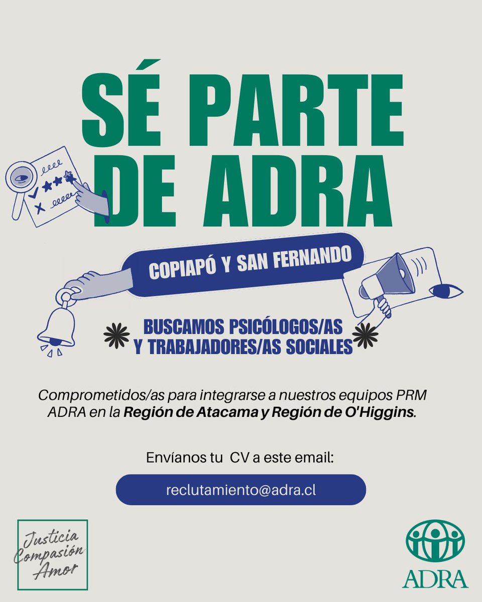 ADRA CHILE (@adracl) on Twitter photo 🙌✨¡Atención, tú puedes ser parte de ADRA!
🤝Si eres Psicólogo/a , o Trabajador/a Social postula para integrarte a nuestros nuevos programas PRM en Copiapó y San Fernando.
👉Envíanos tu CV a reclutamiento@adra.cl
¡Te esperamos!🤩💚 🙌✨¡Atención, tú puedes ser parte de ADRA!
🤝Si eres Psicólogo/a , o Trabajador/a Social postula para integrarte a nuestros nuevos programas PRM en Copiapó y San Fernando.
👉Envíanos tu CV a reclutamiento@adra.cl
¡Te esperamos!🤩💚
