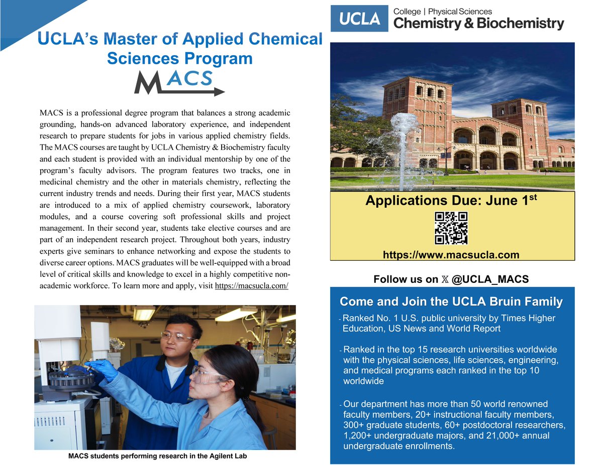 UCLA-MACS (@ucla_macs) on Twitter photo Applications are now open - Due June 1st, 2025
For UCLA’s Master of Applied Chemical Science (MACS) Program
We are now reviewing applications for rolling admission!
Learn More and Apply Now: macsucla.com
For questions, please send an email to macs@chem.ucla.edu Applications are now open - Due June 1st, 2025
For UCLA’s Master of Applied Chemical Science (MACS) Program
We are now reviewing applications for rolling admission!
Learn More and Apply Now: macsucla.com
For questions, please send an email to macs@chem.ucla.edu