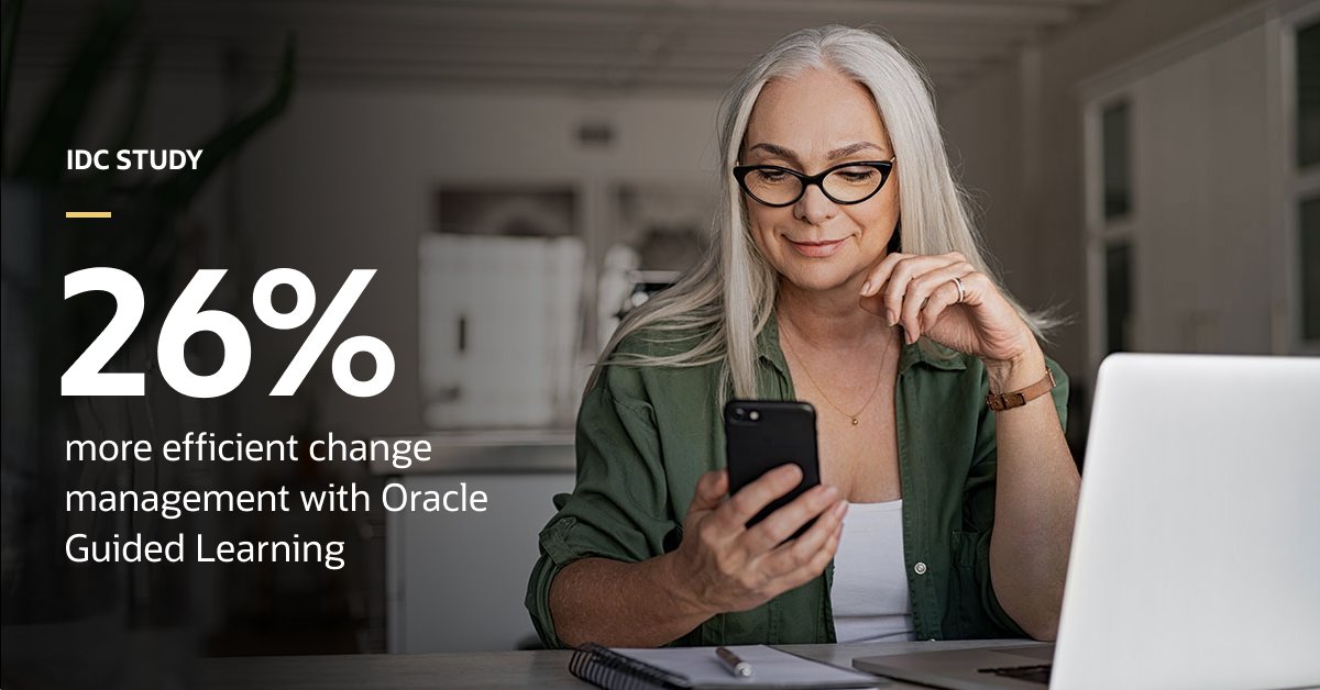 Use Oracle Guided Learning to improve change management staff efficiencies. A 2025 IDC study found that organizations using Oracle Guided Learning reported an efficiency benefit of 26% for teams responsible for change management activities. Learn more: social.ora.cl/60152bE0P