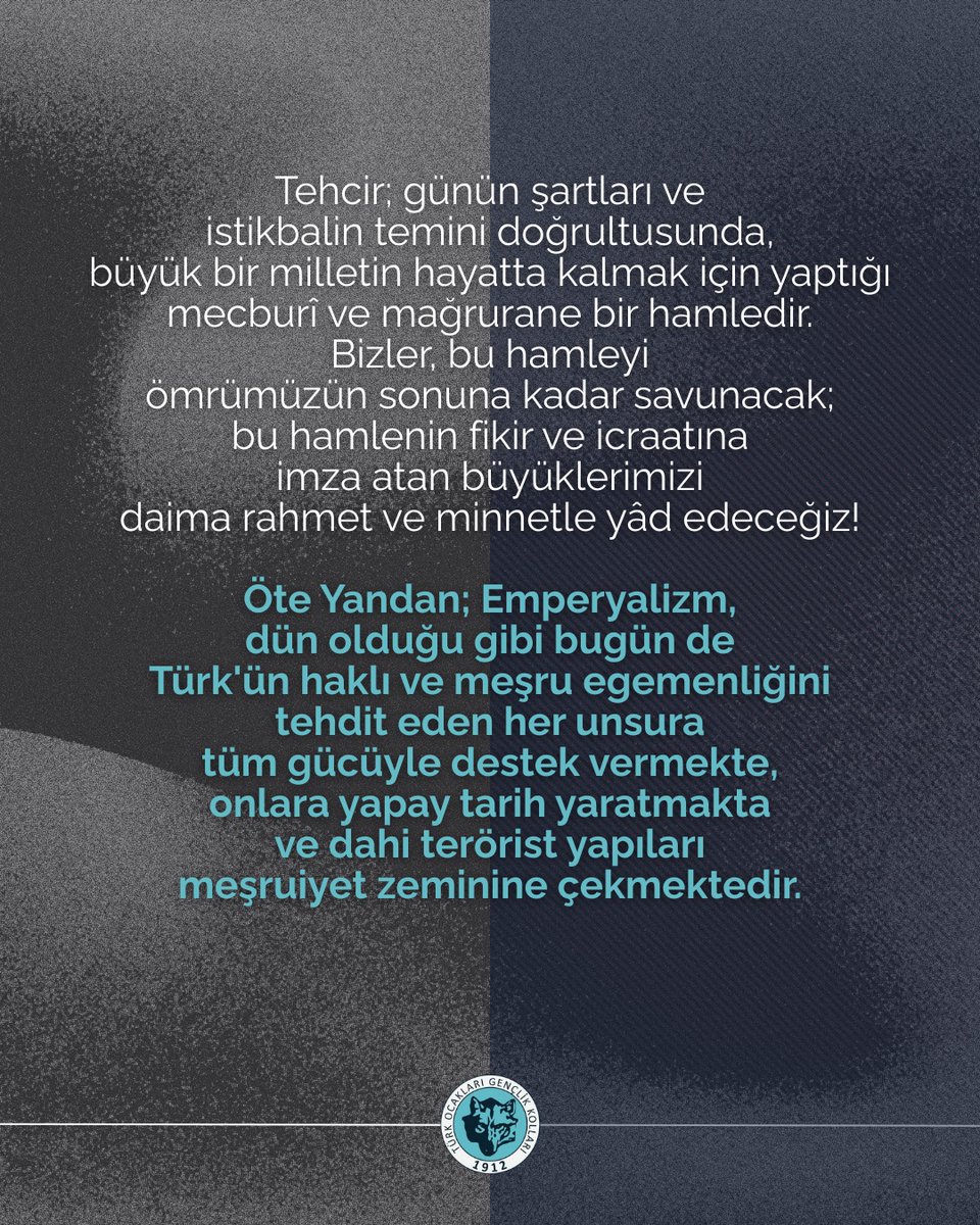 GencTurkOcagi's tweet photo. #SözdeSoykırım
#StopGenocidePropaganda

As the youth of the Turkish Hearths,
we address the Great Turkish Nation and sternly warn all enemies of the Turks:

The so-called "#ArmenianFile" constantly brought before the Turkish State at every opportunity, is a product of malignant collaboration between pseudo-historians and imperialist agendas.

As the rightful heirs and guardians of the #TurkishStates—first and foremost the Republic of Türkiye—we caution that all Turkish states must remain vigilant against historical distortions and conspiracies such as the "Armenian File".

This file and the baseless claims detached from historical truths have been used as justification for the assassinations of many esteemed Turkish statesmen and diplomats, including Talat Pasha, as well as for numerous terrorist attacks targeting diplomatic missions and residential compounds.

On the other hand, imperialism—just as in the past—continues today to support, with all its might, every element that poses a threat to the just and legitimate sovereignty of the Turkish nation.

As the youth of the Turkish Hearths, we organized conferences across many provinces of Turkey during 2015–2016 as part of the "The Century-Old Genocide Lie" project and compiled the book titled The Armenian Question.

#TurkishYouth will regard the Law of Relocation and Settlement, enacted on May 27, 1915, as a cornerstone of their continued existence as a nation on these lands.

At no point in global politics, and especially in regions where attempts are made to erase Turkish identity, should any compromise be made.