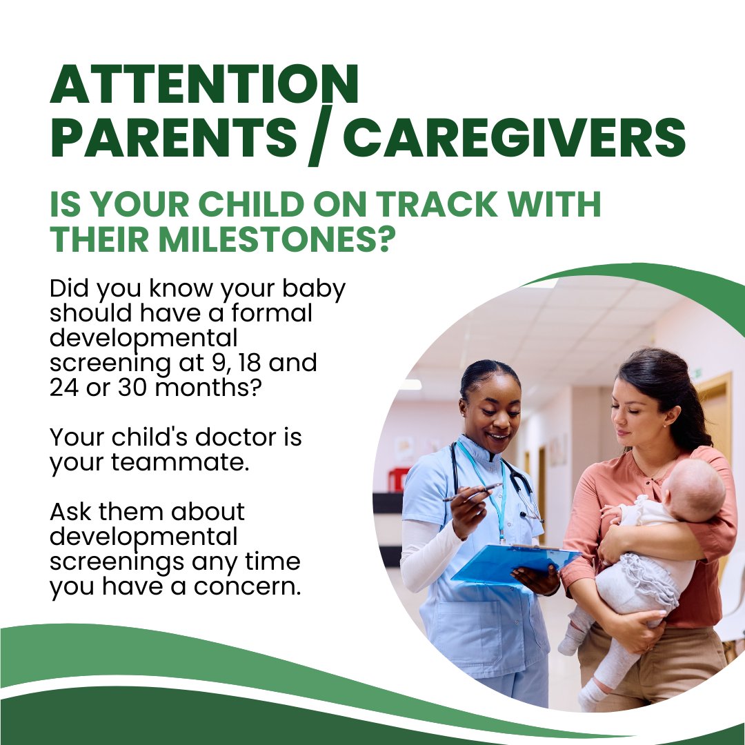 OCAAP's tweet image. Did you know your baby should have a developmental screening at 9, 18 &amp;amp; 24 or 30 months? 
Your child’s doctor is your teammate. 
Ask them about developmental screenings when you have a concern.

#CalOptimaHealth #KaiserPermanente #DevelopmentalScreening #WellChildVisits