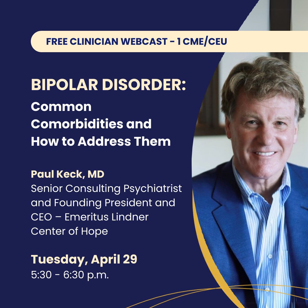 ATTN: Healthcare pros 🔔 Earn 1 CME/CEU at our free clinician webcast on April 29th! Led by Dr. Paul Keck, this presentation will cover common #bipolardisorder comorbidities and how they impact treatment recommendations.  

Register now at  lindnercenterofhope.org/news/events/bi…