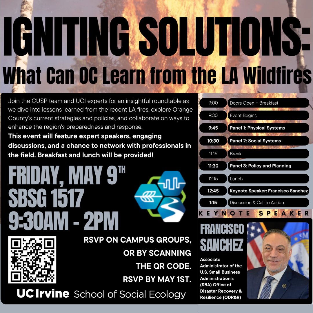 UCI Social Ecology (@social_ecology) on Twitter photo Please register by May 1 for Igniting Solutions: What Can OC Learn from the LA Wildfires?, presented 9:30 a.m.-2 p.m. Friday, May 9, in SBSG 1517 by the UC Irvine Climate & Urban Sustainability Program (CUSP). RSVP with flier's QR code or go here:
campusgroups.uci.edu/SoEco/rsvp_boo… Please register by May 1 for Igniting Solutions: What Can OC Learn from the LA Wildfires?, presented 9:30 a.m.-2 p.m. Friday, May 9, in SBSG 1517 by the UC Irvine Climate & Urban Sustainability Program (CUSP). RSVP with flier's QR code or go here:
campusgroups.uci.edu/SoEco/rsvp_boo…