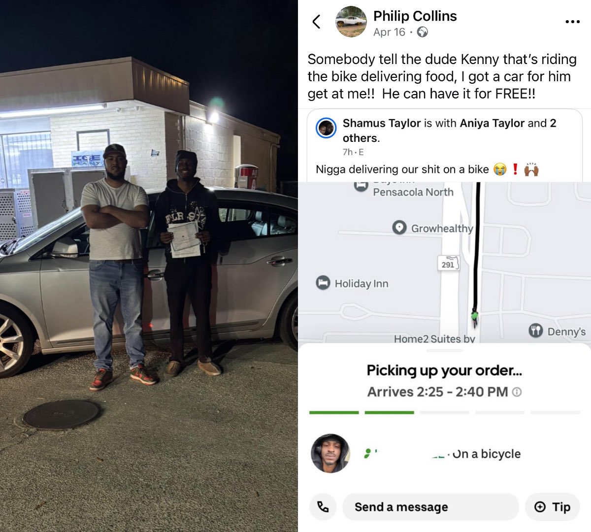 mymixtapez's tweet photo. Florida man buys a car for an Uber Eats driver after seeing people make fun of him for delivering on a bike 👏🏽💯 https://t.co/CW325aYXTE