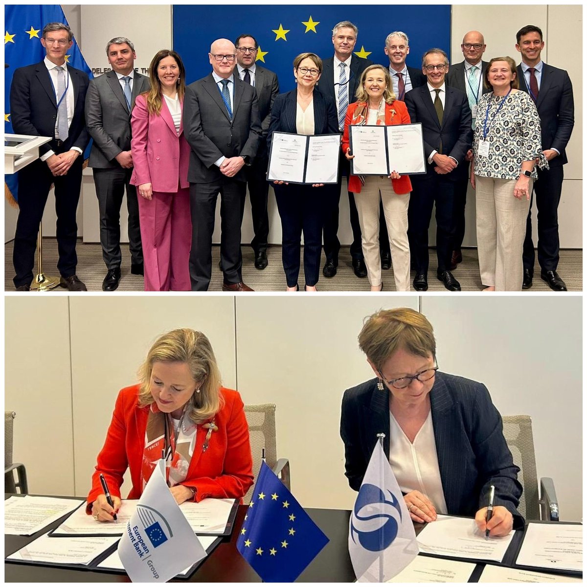 Nadia Calviño (@nadiacalvino) on Twitter photo Proud to sign with <a href="/OdileRenaud/">Odile Renaud-Basso</a> an <a href="/EIB/">European Investment Bank</a> 🤝🏼 <a href="/EBRD/">The EBRD</a> mutual reliance agreement, reducing red tape for clients and increasing impact on the ground.
We have a shared goal: working together to finance projects that make a difference for businesses and communities.
#SpringMeetings Proud to sign with <a href="/OdileRenaud/">Odile Renaud-Basso</a> an <a href="/EIB/">European Investment Bank</a> 🤝🏼 <a href="/EBRD/">The EBRD</a> mutual reliance agreement, reducing red tape for clients and increasing impact on the ground.
We have a shared goal: working together to finance projects that make a difference for businesses and communities.
#SpringMeetings