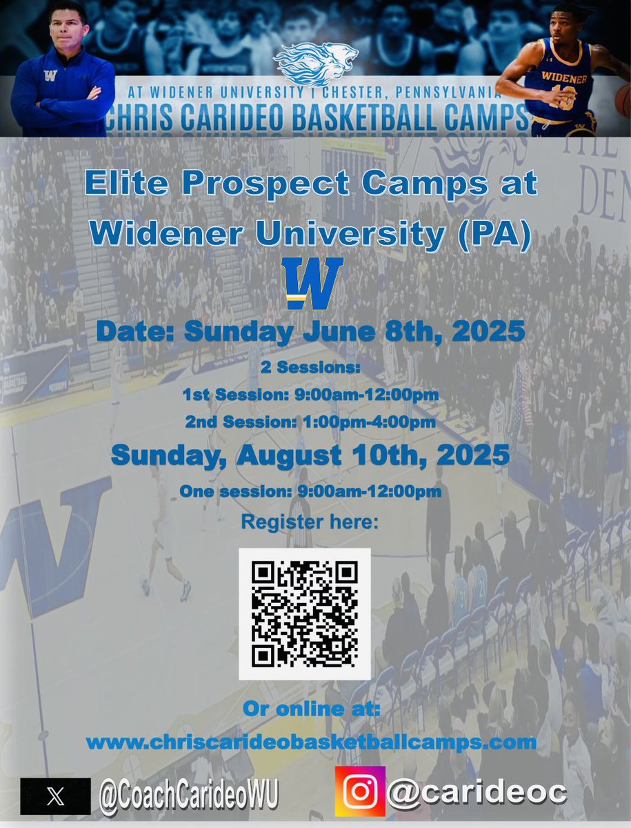 Coach Chris Carideo (@coachcarideowu) on Twitter photo Our 1st summer <a href="/WidenerMBB/">Widener University MBB</a> prospect camp date set for Sunday, June 8th is getting a lot of registrations! My staff and I are looking for 2026, 2027 and 2028 HS graduates that want to compete! There are 2 sessions, you can register below! <a href="/D3Direct/">D3Direct</a> 👇👇
register.ryzer.com/camp.cfm?sport… Our 1st summer <a href="/WidenerMBB/">Widener University MBB</a> prospect camp date set for Sunday, June 8th is getting a lot of registrations! My staff and I are looking for 2026, 2027 and 2028 HS graduates that want to compete! There are 2 sessions, you can register below! <a href="/D3Direct/">D3Direct</a> 👇👇
register.ryzer.com/camp.cfm?sport…