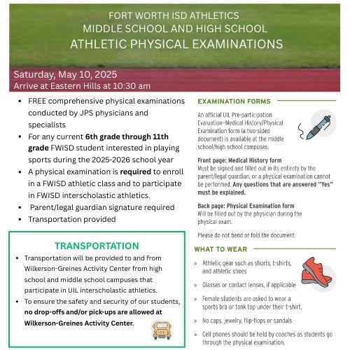 EHHS Athletics (@ehhs_sports) on Twitter photo 🚨FREE PHYSICALS🚨
Mark your calendar‼️ FWISD will be hosting free physicals Saturday May 10th. Meet at EHHS at 10:30. The bus will leave at 11am
<a href="/EasternHillsHS/">Eastern Hills High School</a> <a href="/FortWorthISD/">Fort Worth Independent School District</a> <a href="/FWISDAthletics/">FWISD Athletics</a> <a href="/CoachCal_AD/">JJ Calderon</a> <a href="/CoachAtlas1/">Amanda Cofer</a> <a href="/Coach_Murray/">Philip Murray</a> <a href="/Raragon_AsstAD/">Romelia Aragon</a> <a href="/AD_DrLisa/">Lisa L Langston, PhD</a> <a href="/DA_thegreat/">Coach Anderson</a> 🚨FREE PHYSICALS🚨
Mark your calendar‼️ FWISD will be hosting free physicals Saturday May 10th. Meet at EHHS at 10:30. The bus will leave at 11am
<a href="/EasternHillsHS/">Eastern Hills High School</a> <a href="/FortWorthISD/">Fort Worth Independent School District</a> <a href="/FWISDAthletics/">FWISD Athletics</a> <a href="/CoachCal_AD/">JJ Calderon</a> <a href="/CoachAtlas1/">Amanda Cofer</a> <a href="/Coach_Murray/">Philip Murray</a> <a href="/Raragon_AsstAD/">Romelia Aragon</a> <a href="/AD_DrLisa/">Lisa L Langston, PhD</a> <a href="/DA_thegreat/">Coach Anderson</a>