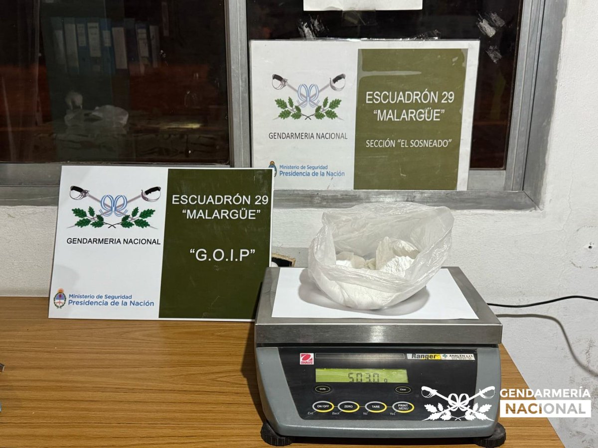 #Mendoza
⭕️Gendarmes del Escuadrón 29 “Malargüe”, controlaron sobre la RN 40, a dos ciudadanos a bordo de una camioneta de alquiler. 

Al revisar el vehículo, en la zona del tablero de instrumentos, hallaron 503 gramos de cocaína.

Los involucrados están detenidos