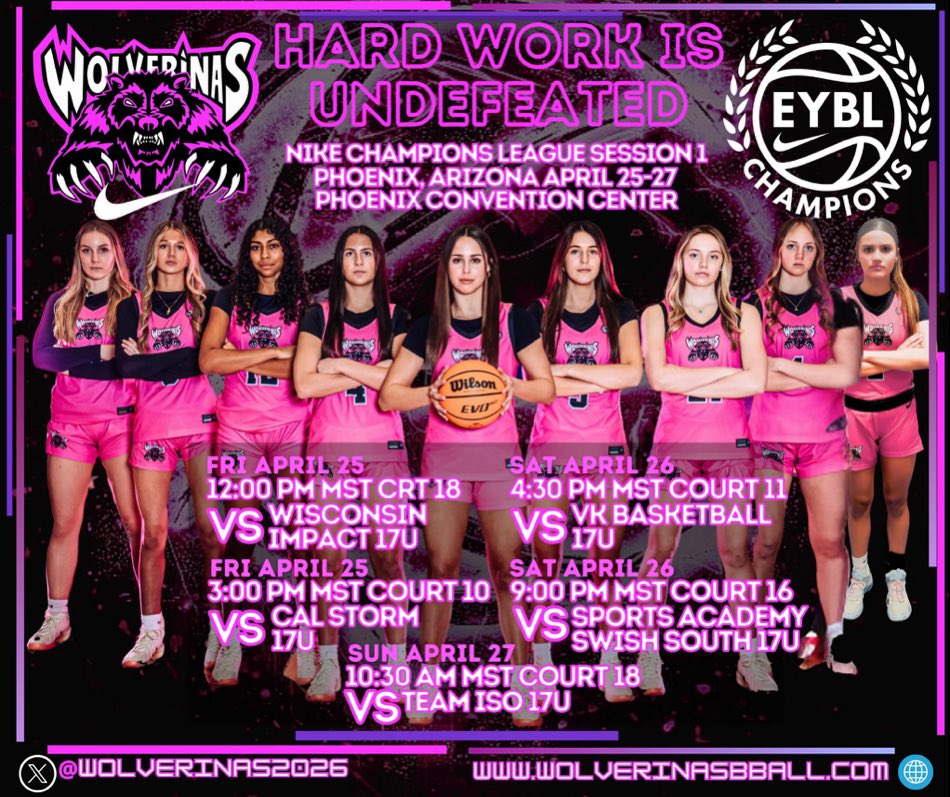 Looking forward to heading to Phoenix this weekend for the first  <a href="/nikegirlseycl/">Nike Girls EYBL Champions League</a> session with <a href="/wolverinas2026/">Wolverinas Basketball U17</a>. Here is our schedule:

<a href="/NikeGirlsEYBL/">Nike Girls EYBL</a> <a href="/CoachRous/">Aaron Roussell</a> <a href="/SpiderWBBall/">Richmond Women’s Basketball</a> <a href="/Bpink35/">Brittany Pinkney</a> <a href="/BenetGBB/">Benet Girls Basketball</a>