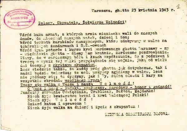 F_ZIHK's tweet image. 23.04.1943 odezwa Żydowskiej Organizacji Bojowej do ludności polskiej #Shoah #ŻOB

"Warszawa, ghetto 23 kwietnia 1943 r.

Polacy, Obywatele, Żołnierze Wolności !
Wśród huku armat, z których armia niemiecka wali do naszych domów, do mieszkań naszych matek, dzieci i żon...".