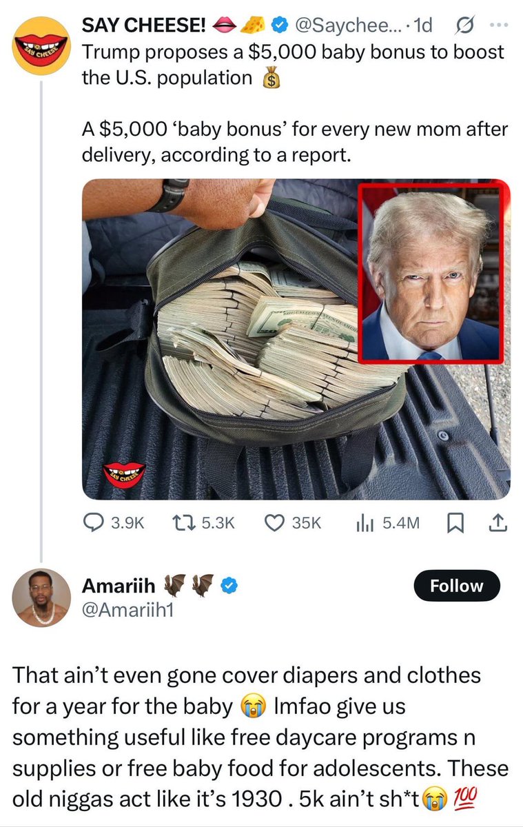 SocialPowerOne1's tweet image. Trump: “Here’s $5K for having a baby”
Reality: Hospital bill for delivery alone? $6K+
This ain’t 1930, my guy. That check vanishes faster than sleep with a newborn. #Parenting