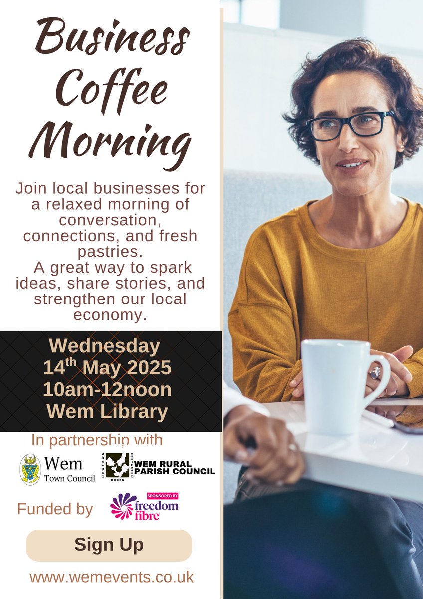 We hope to see you at the next Coffee Morning! ☕
Join us on Wednesday 14 May, 10am–12pm at Wem Town Council (via Library) for a relaxed and friendly meet-up with other local businesses.
It’s a great chance to chat, share ideas, and enjoy a pastry or two😊
wemrural-pc.gov.uk/#event|busines…