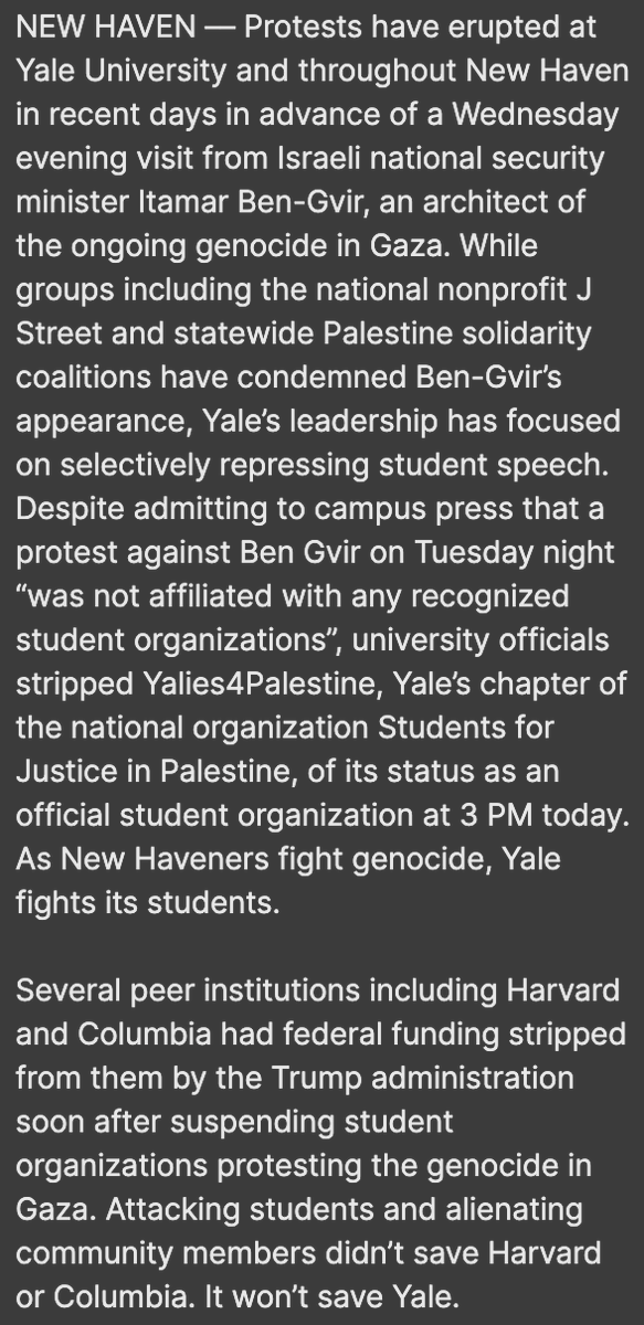 Yale just stripped SJP of its status as an official student org after students protested the appearance of Israeli national security minister Itamar Ben-Gvir on campus. Ben-Gvir has been convicted in Israel on charges of supporting a terrorist organization