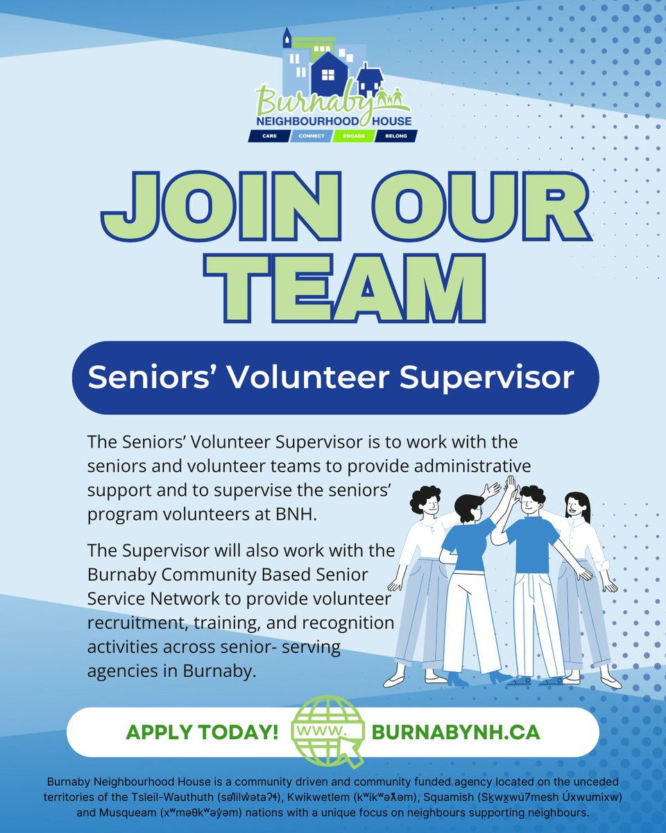 🌟 Join Our Team! 🌟

🙌Do you want to make a real difference in the lives of seniors? We're looking for a Seniors’ Volunteer Supervisor to join our team and help lead, train and recognize the volunteers who support senior services in our community❤️

🔗burnabynh.ca💙