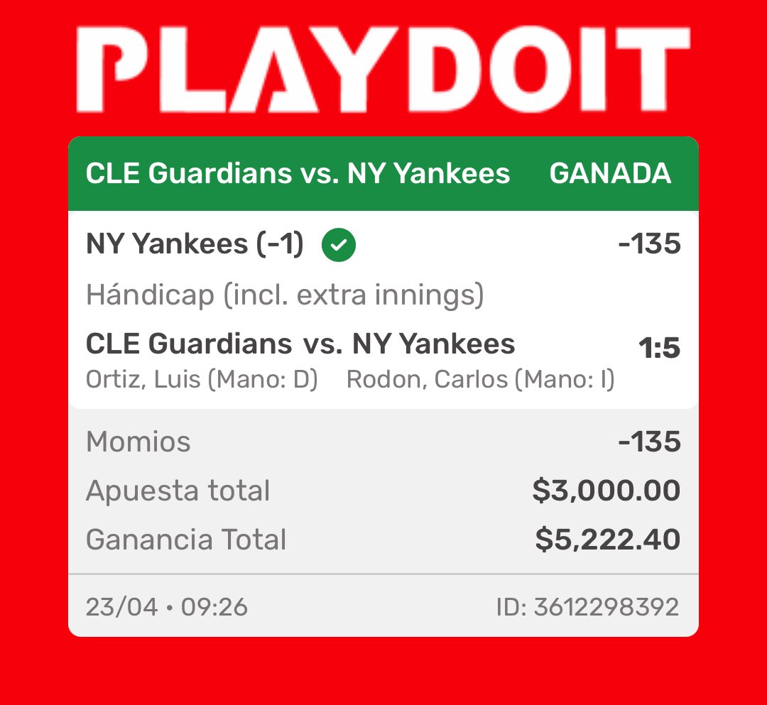 CarlosCorona07's tweet photo. La primera del día 🔥🔥🔥 
Vamos!!! ✅ 

 #NYYankees #Yankees #PinstripePride #ApuestasDeportivas #BettingTips #Parlay https://t.co/yvXeBvmGrY