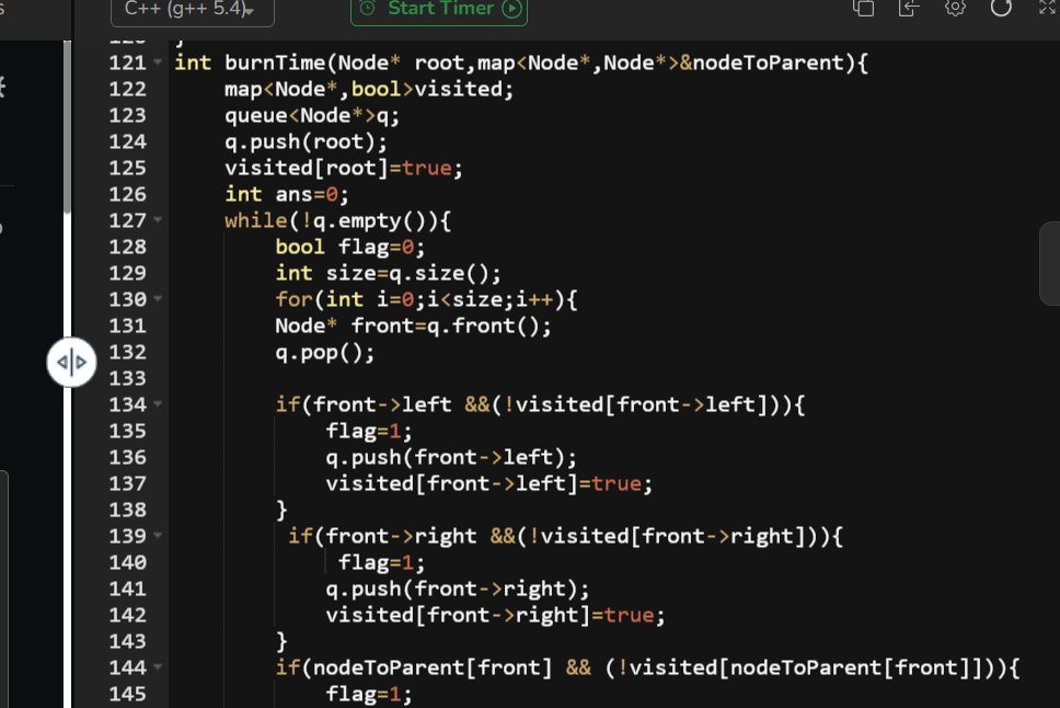 esbi2049's tweet image. #BinaryTree #DSA
POTD: minimum time to burn the tree from a given node
Approach:
=>create a map to track each node's parent
=>locate the target node
=>From the target node, burn its left, right, and parent
then count all levels by boolean var.
with complexity of O(n)