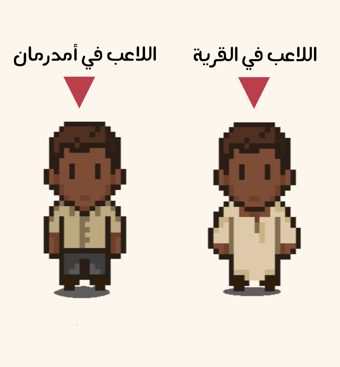 SudanPixels's tweet photo. رسمت شخصية اللاعب، بطل لعبة Sudan Pixels.
في الصورة:
يسار - اللاعب بملابس عصرية في أمدرمان
يمين - نفس اللاعب بعد النزوح، بزي سوداني تقليدي في قرية بشرق السودان
الرسم يعكس التحوّل في حياته، وده جزء من قصة اللعبة اللي شغال عليها حالياً.
رأيكم؟ 
#SudanPixels #GameDevSudan #pixelart https://t.co/hjzcMUw3yK
