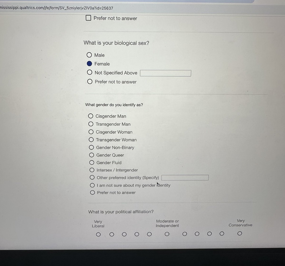 Sent to me by a follower. A University of Mississippi (<a href="/OleMiss/">Ole Miss</a>) survey asks for the participant's gender identity and political affiliation, which include answers such as "cisgender, transgender, and gender fluid."

Why is a University asking for political affiliation and