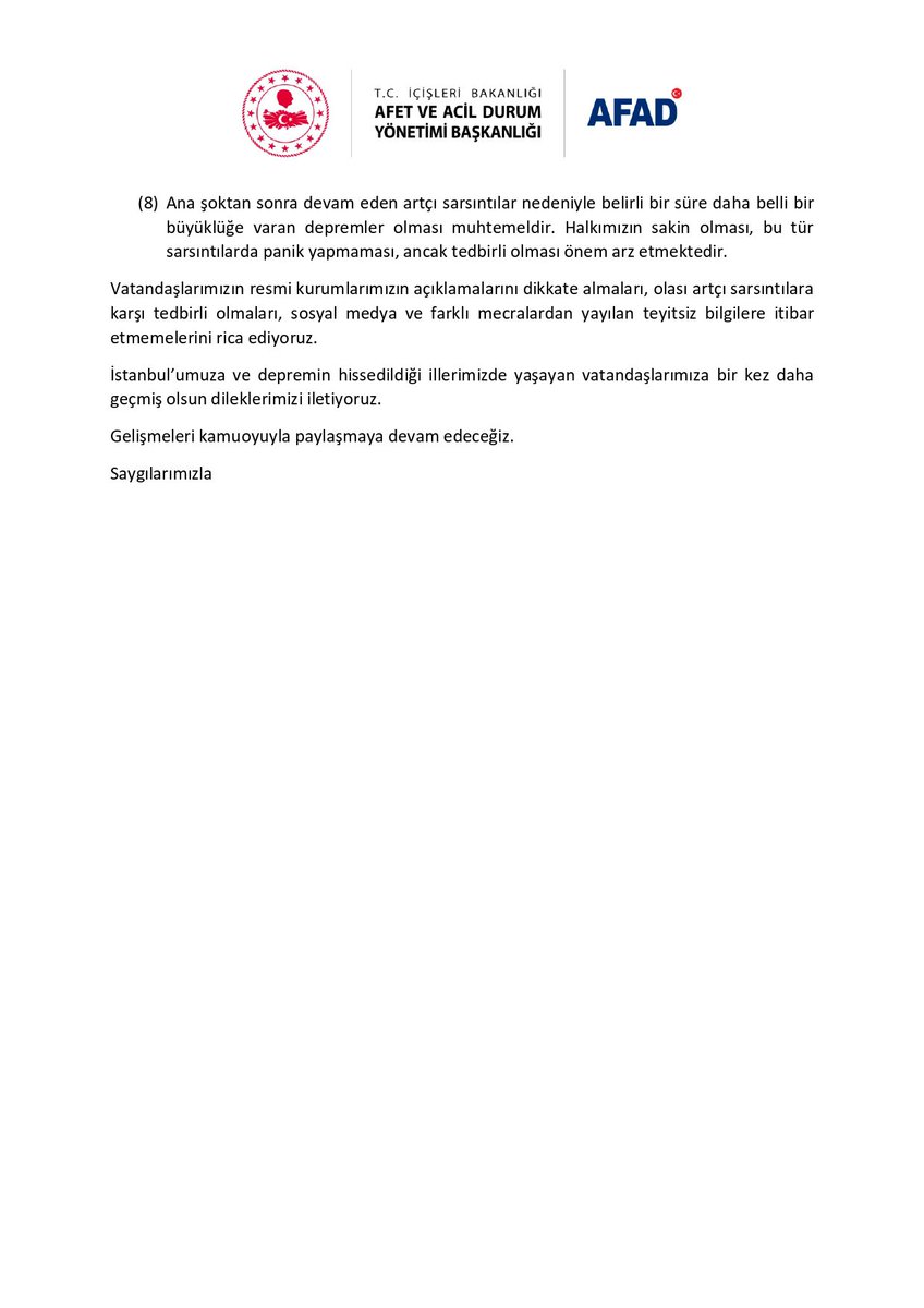 AFAD Deprem Bilim Kurulu Yerbilimleri Üyelerimizin, Silivri (Marmara Denizi) Depremi’ne ilişkin değerlendirmeleri kamuoyuna saygıyla duyurulur.