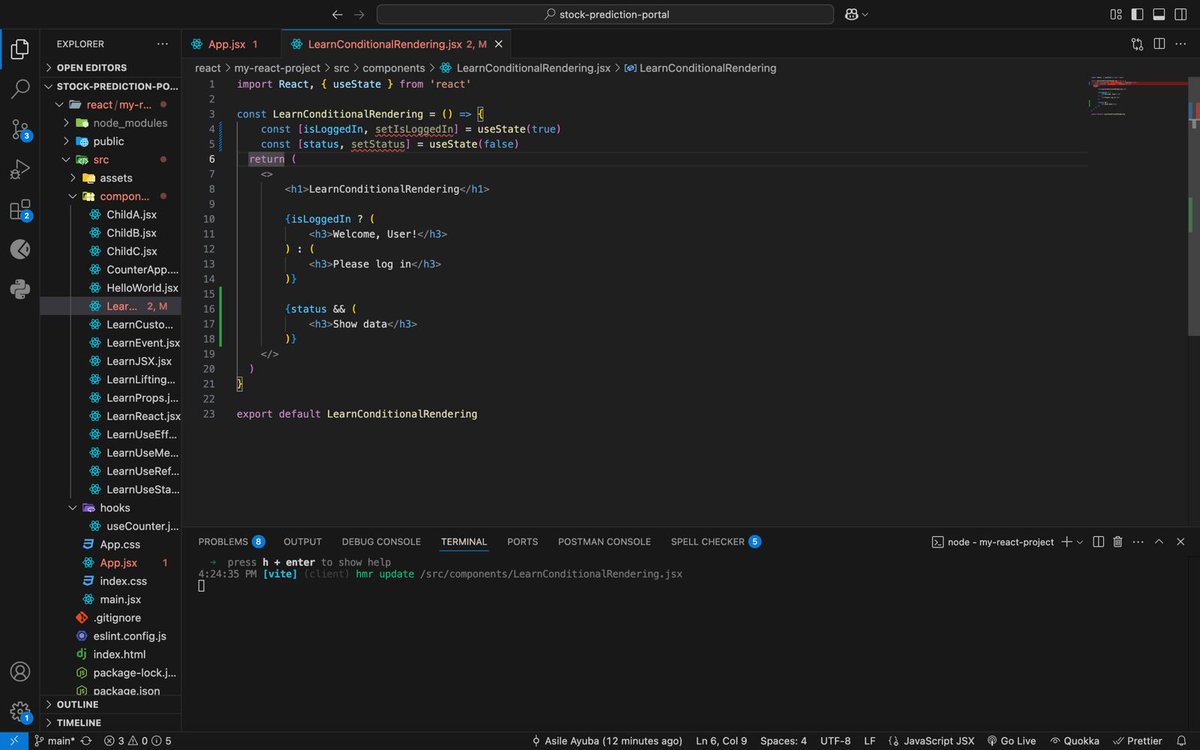 AsileAyuba's tweet image. Today, I explored two powerful concepts in React:
🔹 Conditional Rendering – It allows components to render different UI elements based on certain conditions. This is key to building interactive, user-friendly interfaces.
#ReactJS #WebDevelopment #FrontendLearning
