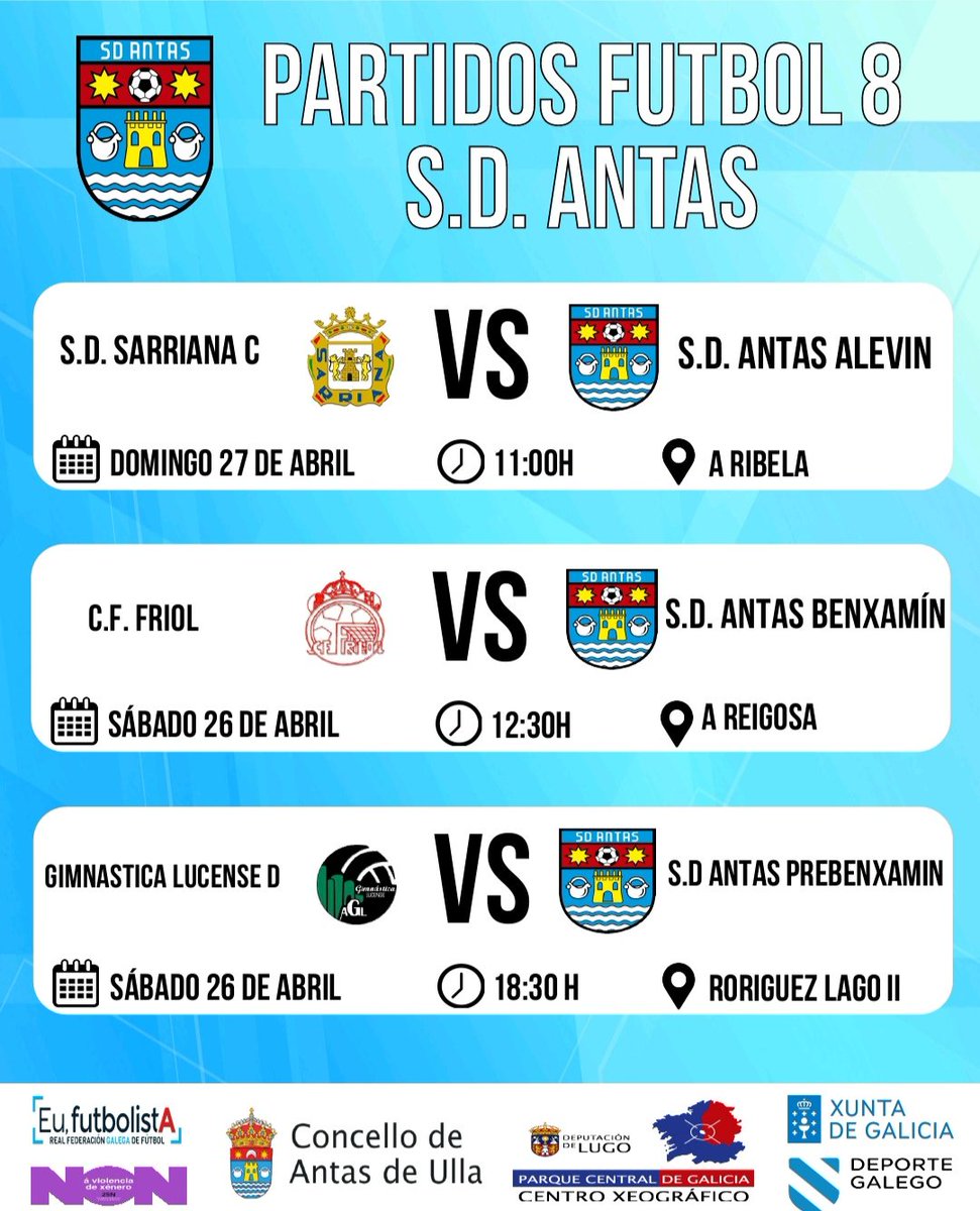 🏆 𝔽𝕌𝕋𝔹𝕆𝕃 𝟠

⚽ 𝘼𝙇𝙀𝙑𝙄𝙉
⚽ 𝘽𝙀𝙉𝙓𝘼𝙈𝙄𝙉
⚽ 𝙋𝙍𝙀𝘽𝙀𝙉𝙓𝘼𝙈𝙄𝙉

#OComezoDoutraHistoria
#DeputaciónDeLugo
#ParqueCentralDeGalicia
#AntasDeUllaCentroXeograficoDeGalicia

💙 #SDAntas 💙