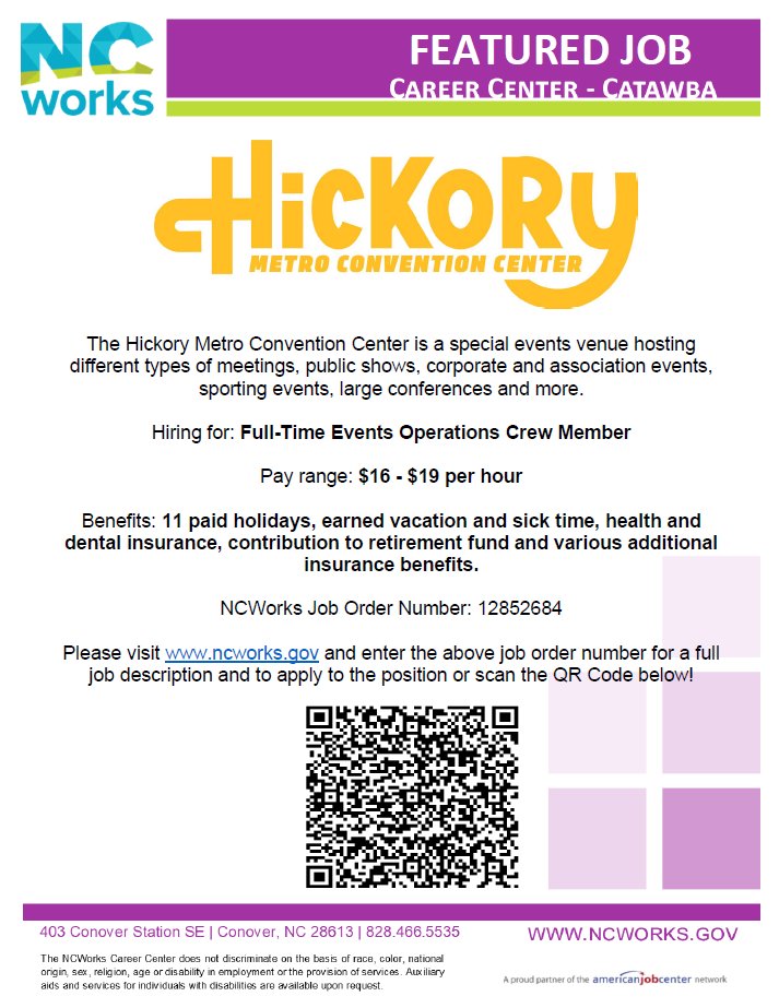WPWorkforceDev's tweet photo. #FeaturedJob
Hickory Metro Convention Center is Hiring! Please see the below flyer for more information!
#NCWorks #westernpiedmontworks #jobsearch #jobs #careers #CareerOpportunities https://t.co/xAfQGbGXme