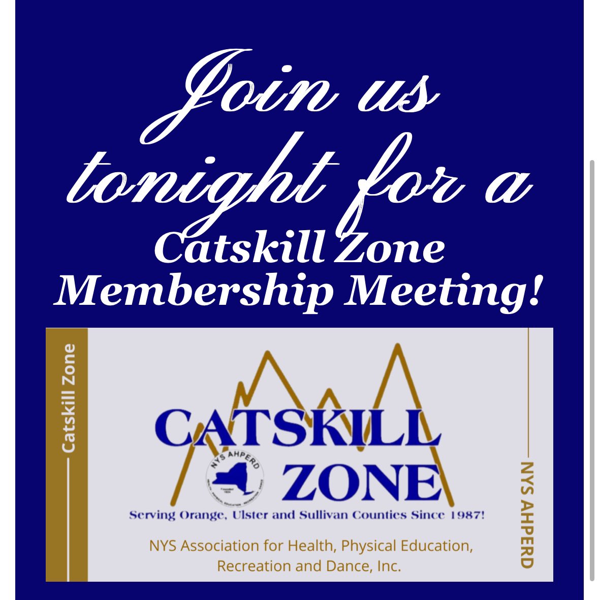 Reminder&gt;&gt;&gt; Catskill Zone Meeting Tonight at 7 on Zoom. Use the link emailed to zone members to join! <a href="/NYSAHPERD/">NYS AHPERD</a> #physed #healthed
