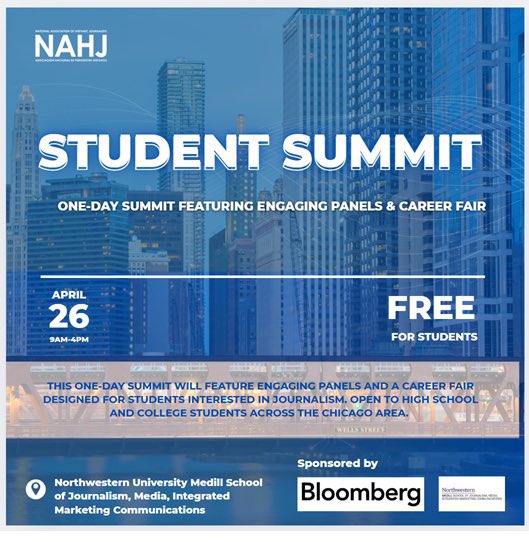 NAHJ Chicago (@nahj_chi) on Twitter photo FREE FOR ALL STUDENTS!!!
Panel, networking and job fair. Join us at <a href="/MedillSchool/">Northwestern Medill</a> April 26th. FREE FOR ALL STUDENTS!!!
Panel, networking and job fair. Join us at <a href="/MedillSchool/">Northwestern Medill</a> April 26th.