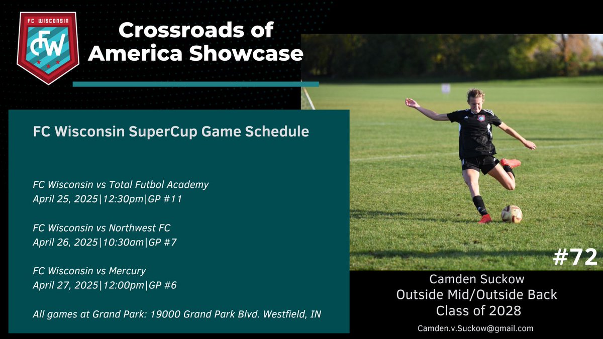 Heading to the Crossroads of America Showcase this weekend in Indy.  Come watch my FC WI Super Cup team play!  
<a href="/FCW_ECNL/">FC Wisconsin Girls Soccer</a> <a href="/ECNLgirls/">ECNL Girls</a> <a href="/ImYouthSoccer/">ECNL/GA/Recruiting/College Soccer</a> <a href="/TheSoccerWire/">SoccerWire</a> <a href="/PrepSoccer/">Prep Soccer ⚽️</a> <a href="/TopDrawerSoccer/">TopDrawerSoccer</a> <a href="/levelonesoccer/">Level One Soccer</a> <a href="/ImCollegeSoccer/">College Soccer Truth ™</a>