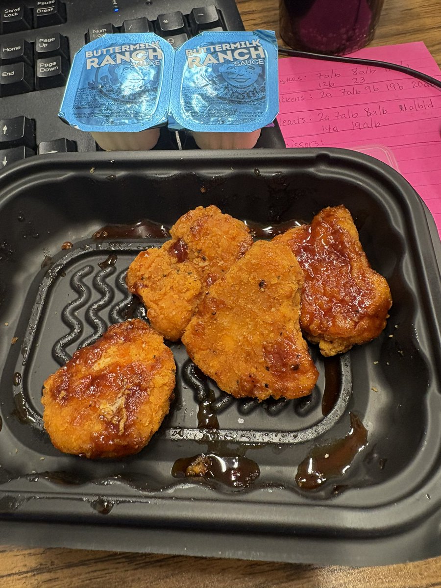 Sooo disappointed <a href="/Wendys/">Wendy’s</a> ! Columbus locations spoiled me…Vegas disappoints. This is supposed to be sauced nuggs with Spicy BBQ sauce and blue cheese. I got spicy nuggs with a squirt of BBQ and, obviously, Ranch 🤮 PS no chocolate Frosty either - machine down 😭